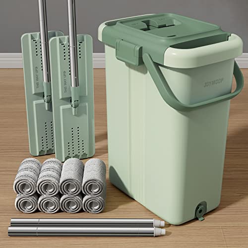 JOYMOOP Flat Mop System, Microfiber Mop and Bucket Set, Green, Household & Commercial Floor Cleaning Mop, Includes 2 Mops and 8 Large Microfiber Pads - color: Green Max582
