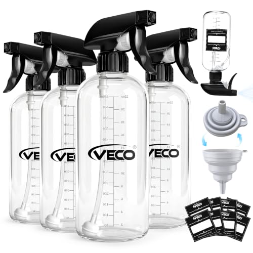 Veco 24oz Graduated Spray Bottles, 4-Pack — 360° Any-Angle Spraying for Easy Dilution, Leak-Resistant spray bottles for Cleaning, Plants, Hair & Pet Use + Foldable Funnel - size: 24 Ounces