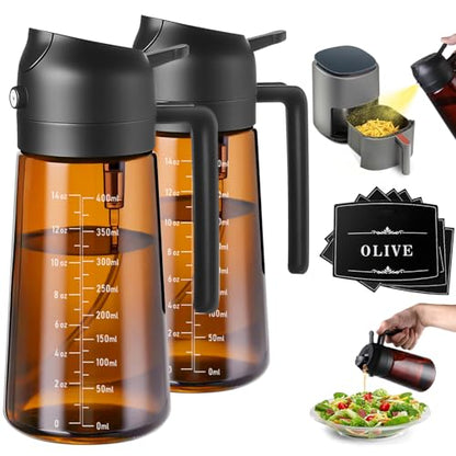OURCABECUE Upgraded Made Oil Sprayer for Cooking 2 Set, Dark Brown 2 in 1 Spray and Pour Olive Oil Dispenser 16oz 470ml Glass Oil Spray Bottle, Mist Olive Oil Dispensing with Scale & 8 labels - color: Brown Bottle-Black Cap Scale