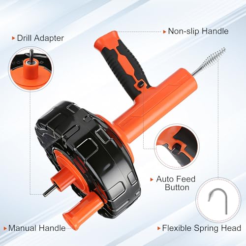 Auto-Feed Drain Snake Auger 25 ft with Drill Adapter, Plumbing Snake Drain Hair Removal Tool, Drain Auger Snake Hair Drain Clog Remover for Shower Kitchen Bathroom Sink, Come with Gloves