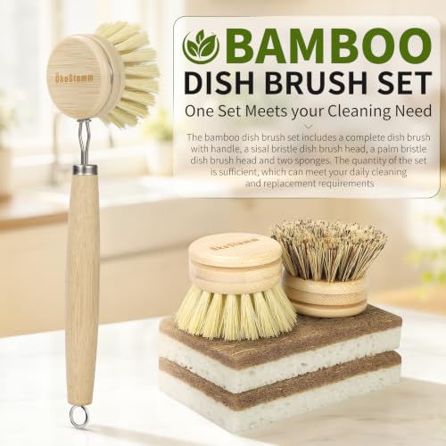 5 PCS Bamboo Dish Brush with Handle Set - Natural Dish Scrubber Brush with 3 Replacement Brush Heads and 2 Dish Sponges for Cleaning Dishes, Pans, Pot, Fruit and Veggie