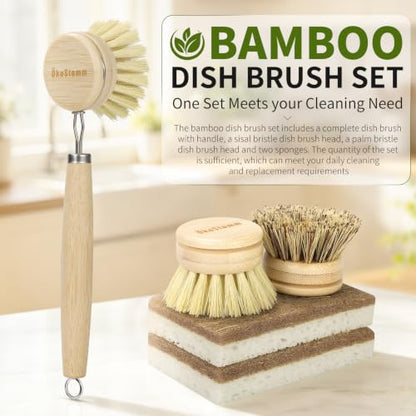 5 PCS Bamboo Dish Brush with Handle Set - Natural Dish Scrubber Brush with 3 Replacement Brush Heads and 2 Dish Sponges for Cleaning Dishes, Pans, Pot, Fruit and Veggie