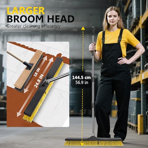 24" Push Broom,Masthome Industrial Broom with Stiff Bristles,Outdoor Broom Heavy Duty and 55" Long Handle,Heavy Duty Broom Brush for Garage Yard Patio Warehouse Concrete Floor Cleaning - color: Push Broom-yellow