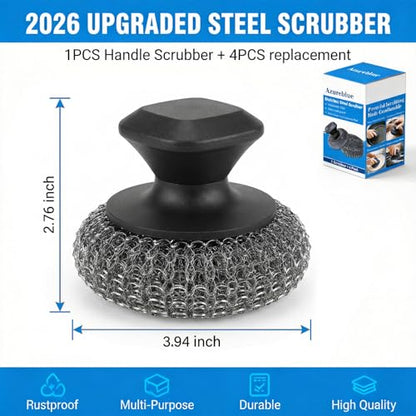 5-Pack Steel Wool Scrubber, Stainless Steel Scrubber Wire Sponge Pads with Handle, Pan Cleaning Scrubber for Scouring Stubborn Messes from Cast Iron, Frying Pan, Oven, Grill, Heavy Duty Pot Scrub
