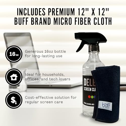 Delete Screen Cleaner Spray Kit, 2 Pack, 16oz and 2oz Bottle and 12"x12" Microfiber Cleaning Cloth, Streak-Free, Safe and Gentle Formula, Multi-Purpose for TVs, Computers, Monitors, Smart Phones - style: 2 Pack, 16oz and 2oz