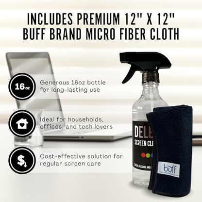 Delete Screen Cleaner Spray Kit, 2 Pack, 16oz and 2oz Bottle and 12"x12" Microfiber Cleaning Cloth, Streak-Free, Safe and Gentle Formula, Multi-Purpose for TVs, Computers, Monitors, Smart Phones - style: 2 Pack, 16oz and 2oz