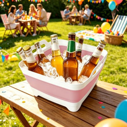 FOSJGO Collapsible Dish Basin with Drain Plug, 2.4 Gal (9L) Space-Saving Foldable Sink, Wash Basin for Kitchen, Baby Bottles, Vegetable Washing, Camping, RV and Party Beverage Tubs (Pink) - color: Pink