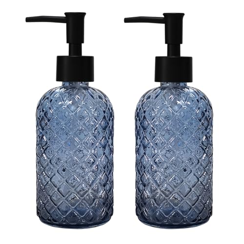 Blue Glass Dish Soap Dispenser for Kitchen, 12oz Refillable Liquid Hand Soap Dispenser Set, 2 Pack Crystal Lotion Bottle for Modern Home Decor, Bathroom Countertop, Hotel - color: Sky Blue