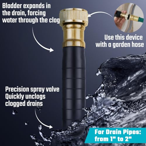 DURATECH Drain Bladder, Small Drain Cleaning Bladder, Fits 1" to 2" Drain Pipes, Unclogs Stubborn Blockages in Kitchen Sinks, bathtubs, Showers, and Main drains - style: Small