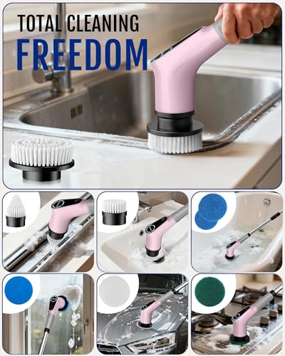 Dovety Electric Spin Scrubber, Shower Scrubber, Power Cleaner Tools with 8 Replaceable Brush Heads, Cleaning Brush with Extension Handle, 2 Adjustable Speeds, 90Mins Work Time for Home Bathtub-Pink - color: Pink