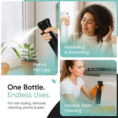Aquableu Spray Bottle for Hair – Continuous Mist Spray Bottle for Hair Care, Styling, Cleaning, Plants, Pets & Essential Oils (variety Pack of 2 - Black & White, 10oz)
