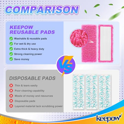KEEPOW Reusable Microfiber Mop Pads for Swiffer PowerMop, 4 Count, Pink, Machine Washable, Compatible with 13-15 Inch Spray Mop, Multi-Surface Floor Cleaning - color: Pink 4 Pack