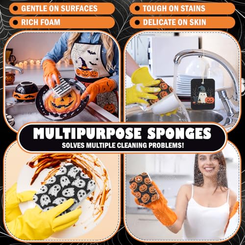 Hahafelt 36 Pack Halloween Compressed Cellulose Sponges Bulk Pop up Ghost Pumpkin Skull Kitchen Sponges Natural Kitchen Compostable Non Scratch Dish Tools for Washing Dishes Cleaning Countertop Sink - style: Halloween Ghost