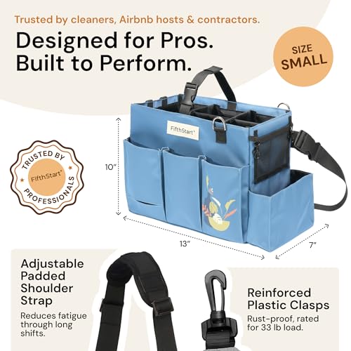 Multiuse Cleaning Caddy with Waist, Shoulder Strap 9 Pockets, Mesh Base & Adjustable Compartments - Cleaning Caddy - Cleaning Supplies Organizer (Blue, Small) - color: Blue, size: Small