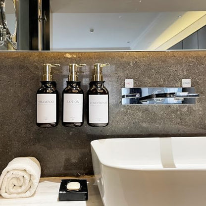 Shampoo Dispenser for Shower Wall, Shampoo and Conditioner Dispenser with 16 Waterproof Labels, No Drill Shower Soap Dispenser Bathroom, Shower Soap Dispenser Wall Mounted,17oz, 3 Pack, Gold Amber - color: 1-amber Bottle + Gold Pump