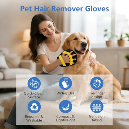 Pet Hair Removal Glove for Dogs & Cats, Reusable Washable Electrostatic Pet Hair Remover Glove, Pet Hair Mitt with Finger Straps for Couch, Carpet, Car Seats, Clothes, Furniture, Yellow - color: Yellow