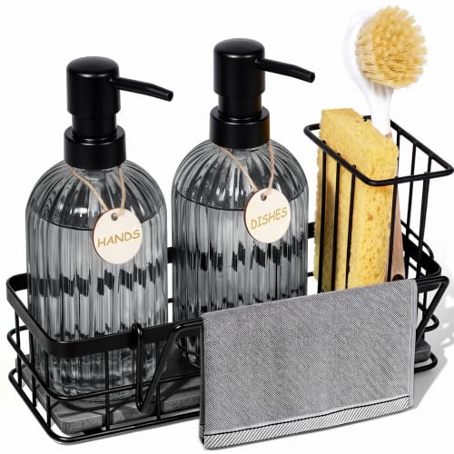 Kitchen Soap Dispenser Set, 14.4 oz/425 ml Hand and Dish Soap Dispenser Set, Dish Soap Dispenser with Sponge Holder & Diatomite Tray, for Countertop Organizer, Black - color: Clear Black