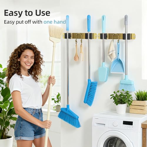 Broom Holder Wall Mount, 2-Pack Stainless Steel Mop and Broom Organizer, Broom Hanger with 2 Slots 2 Hooks for Home Kitchen, Garage, Garden and Laundry Room, Gold - color: Gold-2 Pack