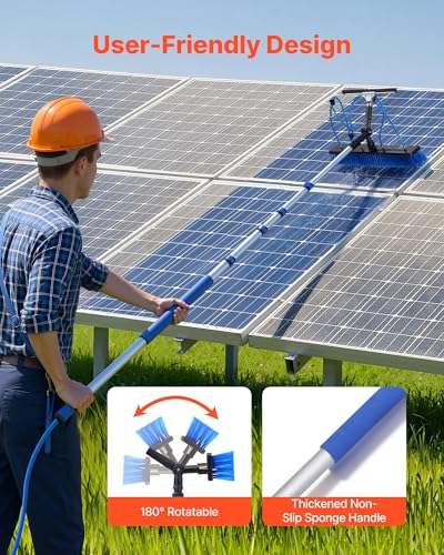 VEVOR Solar Panel Cleaning Kit, 15 ft, Water Fed Pole Kit with Cleaning Brush, Squeegee, Soap Dispenser, Extendable Aluminum Telescopic Pole, 180° Rotatable Brush Head, for Roof Mounted Solar Panels - size: 15 Ft