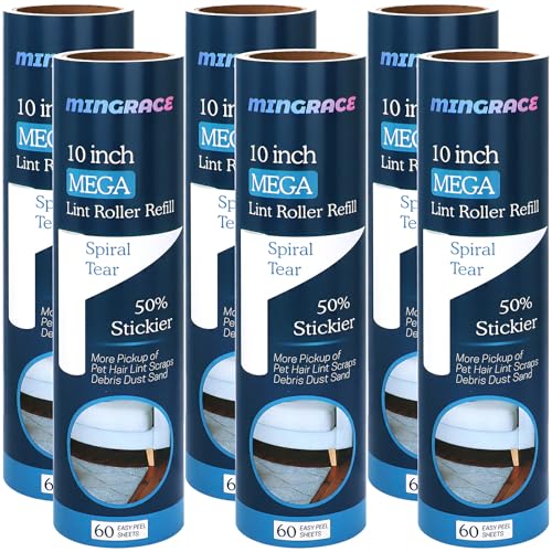 10 inch Mega Lint Roller Refills for Evercare Smart Design Layers Large Mega Lint Rollers and More, 50% More Pickup, 60 Sheets per Refill, Pack of 6, 360 Sheets Total - size: 10 inch