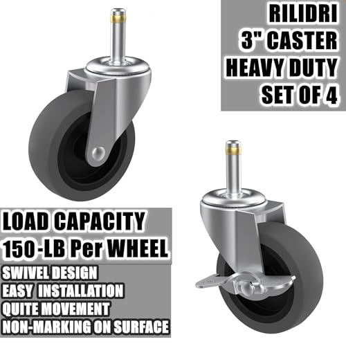 RILIDRI 3-Inch Swivel Stem Caster for Rubbermaid Mop Bucket Utility Cart, 7/16-Inch Stem Diameter Rubber Wheel Set of 4, Heavy Duty TPR Weber Grills Shop Vac Replacement Wheels - style: 3 Inch-150LB (No Brakes)