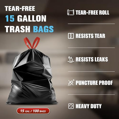 Pre-Separated Drawstring Trash Bags for 15 Gallon Trash Cans, 100 Count, Ultra Strong Black Tall Kitchen Garbage Bags, Tear-Free Large Trash Liners for Lawn & Yard