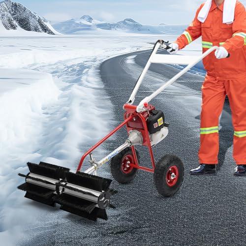 2.3HP 4 Stroke Handheld Sweeper 37.7CC Gas Power Hand Push Industrial Sweeper with Air Cooling System Portable Outdoor Snow Sweeper Lawn Farm Sidewalk Cleaner Sweeping Broom