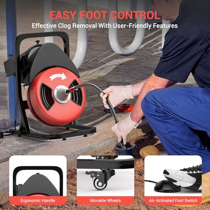 GarveeTech 50FTx1/2 Inch Drain Cleaner Machine with Wheels, Sewer Snake Electric Drain for 2" to 4" Pipes, Plumbing Snake Auger Cleaner with 6 Cutter & Foot Switch for Sewer, Sink, Toilet, Bathroom