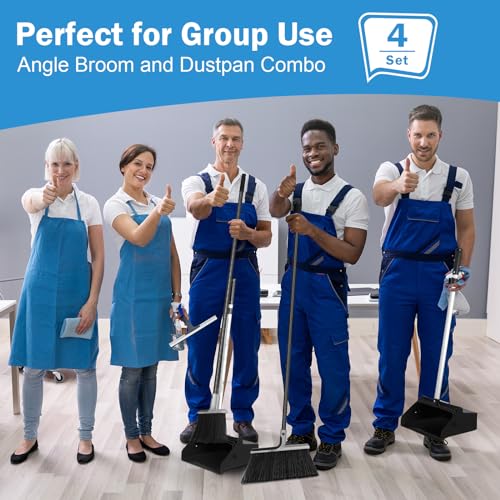 Lallisa 4 Pack Commercial Broom and Dustpan Combo Set 58'' Long Handle Upright Broom with 4-Layer Bristles Standing Dustpan Heavy Duty Lobby Dust Pan Bulk for Home Kitchen Office Indoor Outdoor Use