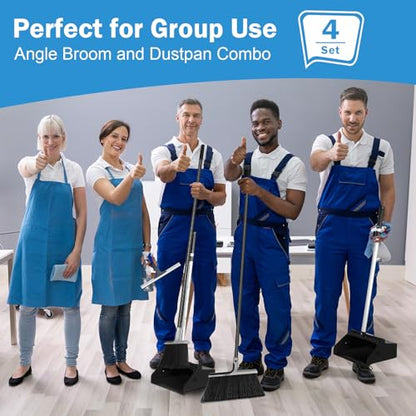 Lallisa 4 Pack Commercial Broom and Dustpan Combo Set 58'' Long Handle Upright Broom with 4-Layer Bristles Standing Dustpan Heavy Duty Lobby Dust Pan Bulk for Home Kitchen Office Indoor Outdoor Use