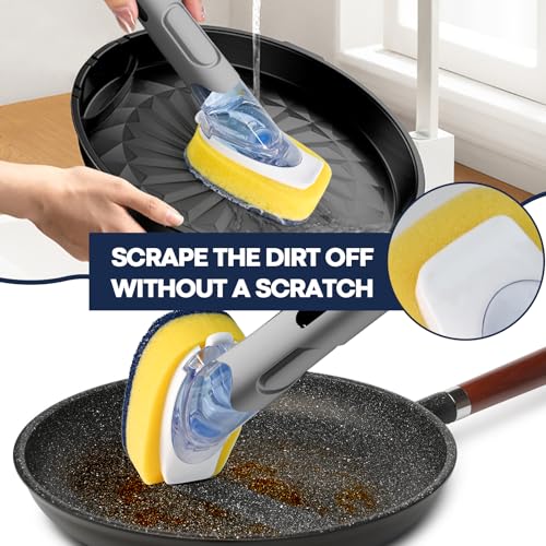 Dish Brush with Soap Dispenser Storage Set with 2 PCS Sponge Refills & Holder, Soap Dispensing Dish Brushes, Sponge with Soap Dispenser Handle, Dish Sponges with Handle for Dishes Pans Pots Sink(Gray) - color: Gray
