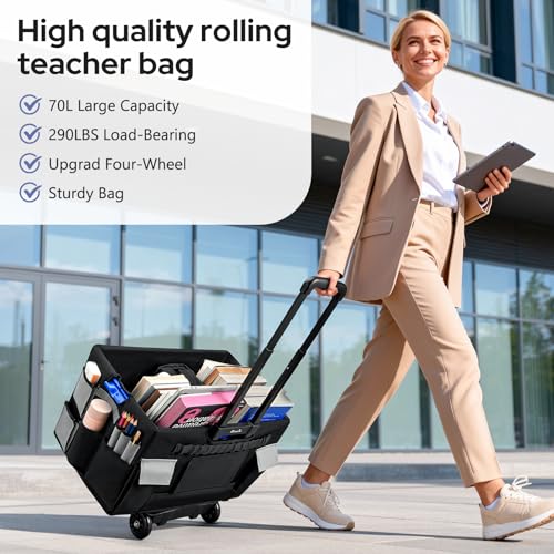 KEDSUM 2 in 1 Rolling Cart with Canvas Organizer Bag, 290LBS/70L Capacity Collapsible Teacher Rolling Cart with Lid for School, Craft, Office & Garden, Ideal for Teacher, Therapist & Crafter - style: Teacher Cart with Bag