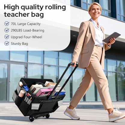 KEDSUM 2 in 1 Rolling Cart with Canvas Organizer Bag, 290LBS/70L Capacity Collapsible Teacher Rolling Cart with Lid for School, Craft, Office & Garden, Ideal for Teacher, Therapist & Crafter - style: Teacher Cart with Bag