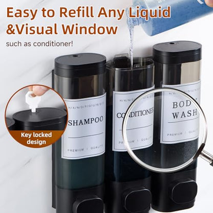 Shampoo and Conditioner Dispenser,Shower Soap Dispenser 3 Chamber No Drill Wall-Mounted Shampoo Dispenser for Shower Wall Mounted Shower Dispenser for Bathroom Hotel Large Capacity,Black - color: Black 3 Chamber
