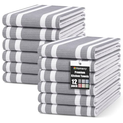 Homaxy Premium Kitchen Towels 18”x 28”, Large Cotton 380 GSM Kitchen Hand Towels, Stripe and Terry Dish Towel, Highly Absorbent Tea Towel Set with Hanging Loop, 12 Pack, Grey - color: Grey Stripe, style: 12-pack