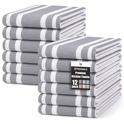 Homaxy Premium Kitchen Towels 18”x 28”, Large Cotton 380 GSM Kitchen Hand Towels, Stripe and Terry Dish Towel, Highly Absorbent Tea Towel Set with Hanging Loop, 12 Pack, Grey - color: Grey Stripe, style: 12-pack