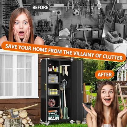 Broom Closet Storage Cabinet, Metal Cleaning Cabinets with Hanging Rod and S-Hooks, Lockable Tool Cabinets, Utility Cabinet for Garden, Office, Laundry Room, Black - color: Black