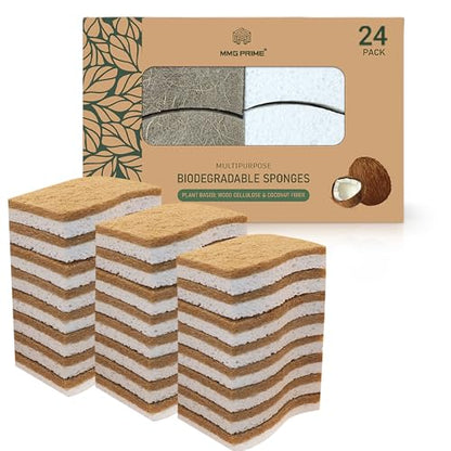 Natural Kitchen Sponge –24-Pack Biodegradable Sponges for Dishes –Compostable Dish Washing Scrubbers – Eco Friendly Non-Scratch Cellulose & Coconut Husk Scrubber Sponges for Cleaning - size: Pack 0f 24