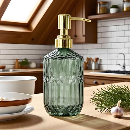 18oz Green Glass Soap Dispenser, Refillable Kitchen, Bathroom Thick Glass Soap Dispenser with Golden Rustproof Pump for Dishwashing Liquid, Hand Soap, Lotion, Body Wash (Green-Golden Pump) - color: Green-golden Pump