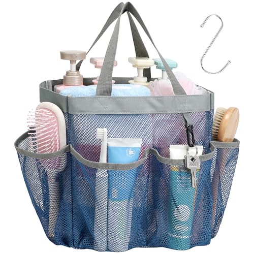 F-color Mesh Shower Caddy Portable - Navy Blue, Upgrade Deeper 7 Pockets Shower Bag Basket Tote for College Dorm Room Toiletry Bathroom Essentials Gym Camp Quick Dry 2 handles with S Hook - color: 1 Pack L Blue, size: L (Classic Dorm Caddy)