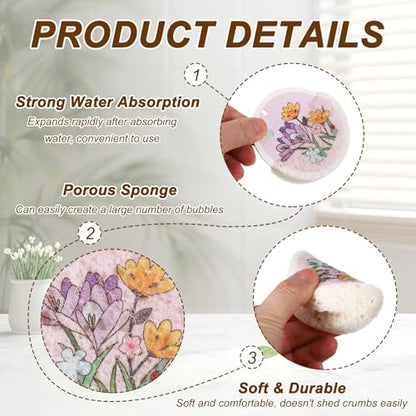 uxcell 6Pcs Cellulose Sponges, Round Kitchen Clean Sponges Non-Scratch Compressed Dish Scrubber with Floral Pattern for Kitchen Household Cookware Bathroom Cleaning & DIY, Purple - color: Purple