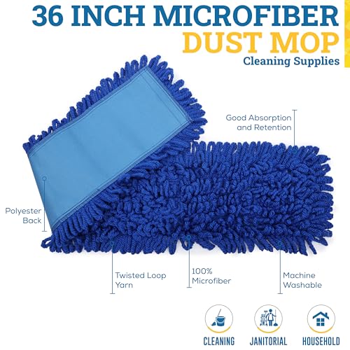 KLEEN HANDLER 36 Inch Microfiber Dust Mop, Large Washable Commercial Mop Head Replacement, Sweeper, Janitorial Supplies, Blue - color: Blue - 36 Inch, size: 1 Pack