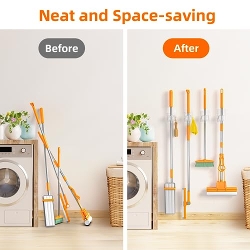 8 PackBroom Holder Wall Mount, New Version Adhesive Mop and Broom Holder Wall Mount, Super Anti-Slip Broom Hanger Mop Organizer Wall Hanging for Bathroom, Kitchen, Laundry Room - color: White