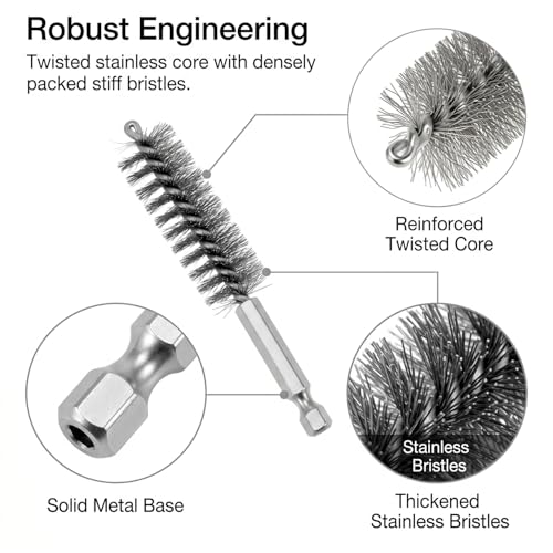 QWORK Bore Brush 24 Pcs Set for Drill, Stainless Steel Wire Cleaning Brushes with 1/4 Inch Hex Shank, Multi-Size Bore Cleaning Tools for Rust Removal, Tube and Pipe Cleaning 8/10/12/15/17/19mm
