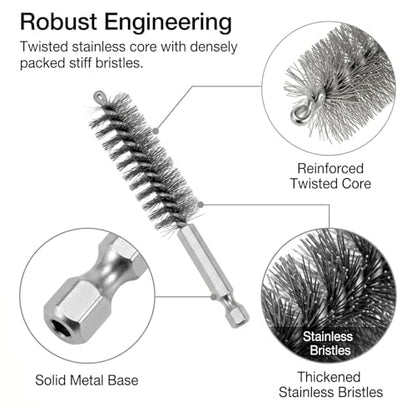 QWORK Bore Brush 24 Pcs Set for Drill, Stainless Steel Wire Cleaning Brushes with 1/4 Inch Hex Shank, Multi-Size Bore Cleaning Tools for Rust Removal, Tube and Pipe Cleaning 8/10/12/15/17/19mm