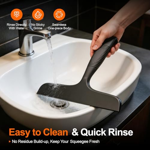 Window Squeegee for Shower Doors, Bathroom, Mirror, Black | Non-Slip Grip Handle with built-in hanging hook