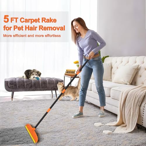 Carpet Rake for Pet Hair Removal, 5FT Reusable Pet Hair Removal Tool with Adjustable Handle, 3 in 1 Lint Remover Dog Cat Fur Remover Broom for Rugs, Mats, Beds, Stairs, Couch