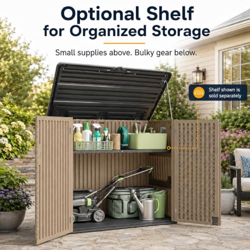 ADDOK 38 Cu.Ft Outdoor Storage Shed with Floor,Large Waterproof Resin Storage Cabinet with Lift-Up Lid,Double Doors and Lockable Design for Lawn Mower,Garden Tools, Patio,Backyard and Pool Supplies - size: Coffee 38 Cu.Ft