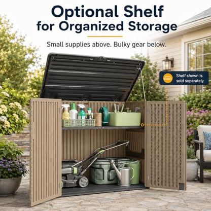 ADDOK 38 Cu.Ft Outdoor Storage Shed with Floor,Large Waterproof Resin Storage Cabinet with Lift-Up Lid,Double Doors and Lockable Design for Lawn Mower,Garden Tools, Patio,Backyard and Pool Supplies - size: Coffee 38 Cu.Ft
