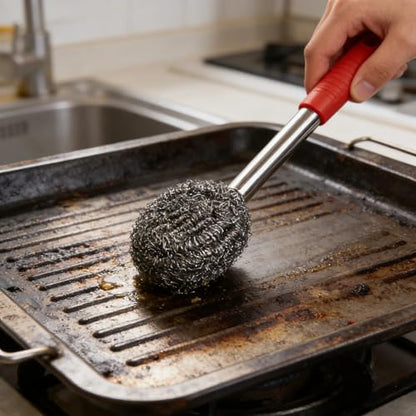 2PCS Steel Wool Scrubber with Handle Rustproof, Cast Iron Scrubber, Stubborn Messes Pot Brush, Remove Dirt for Cleaning Stoves,Sinks Dishes Grills Bowls & Metal Wire Sponge for Kitchens - color: Red